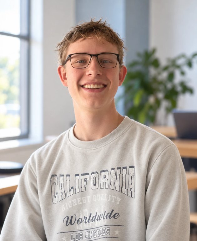 Noah Hönger mit Brille im hellen Pullover, an einem Arbeitsplatz am Fenster.